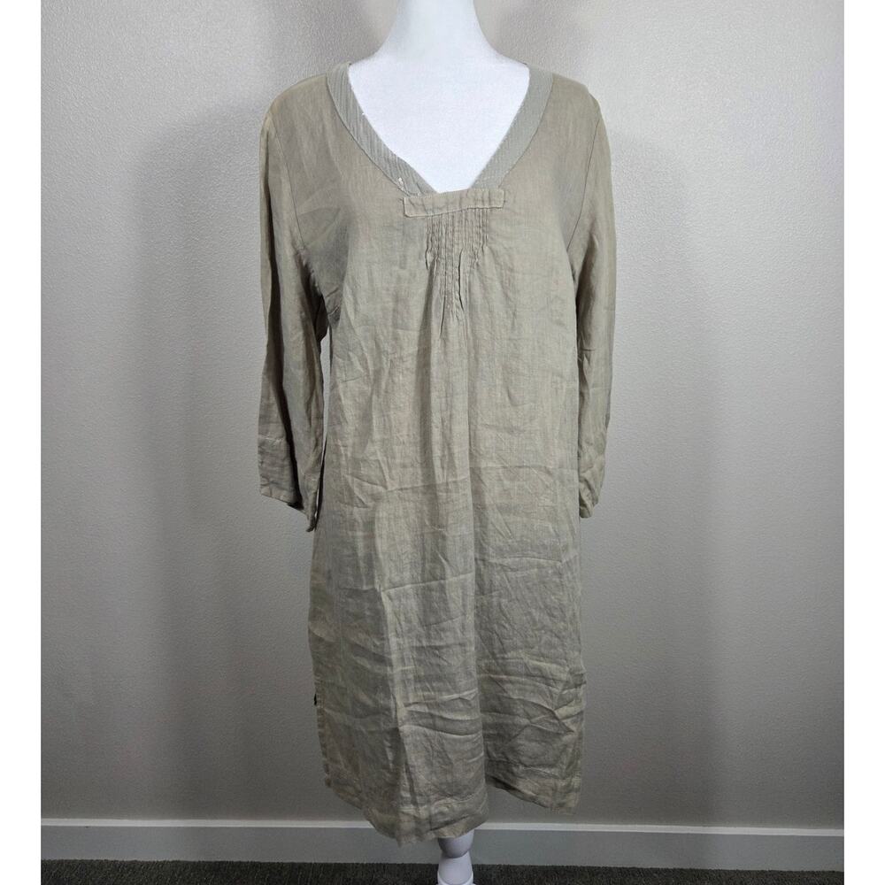Cut Loose Woman's Tan Linen V-neck Pintuck Tunic Dress Size XS